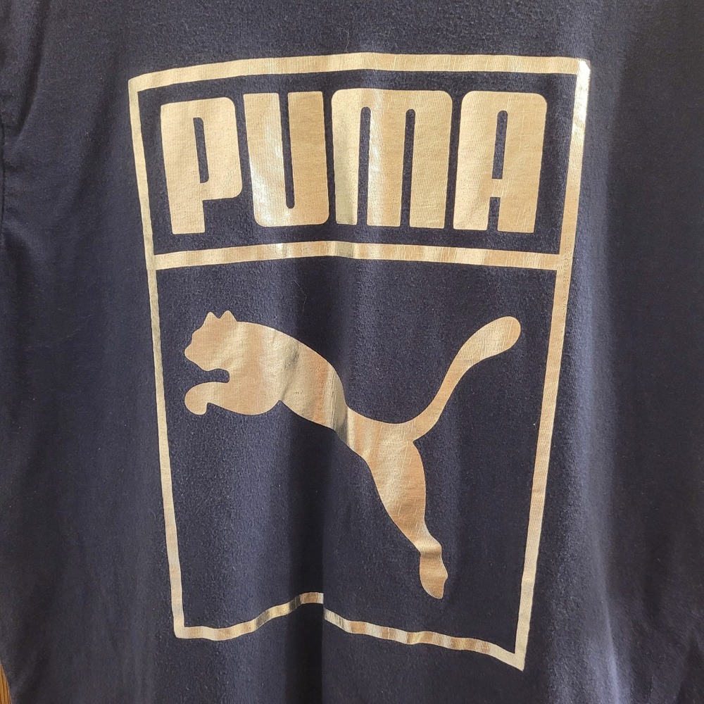 Puma Mens Graphic Tee Navy Blue Silver Foil Logo Short Sleeve Shirt XL Athletic - Picture 2 of 7